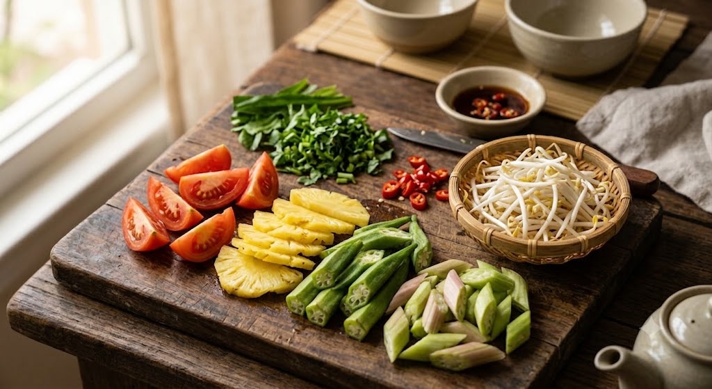 Bước 2 sơ chế rau và nguyên liệu canh chua cá lóc