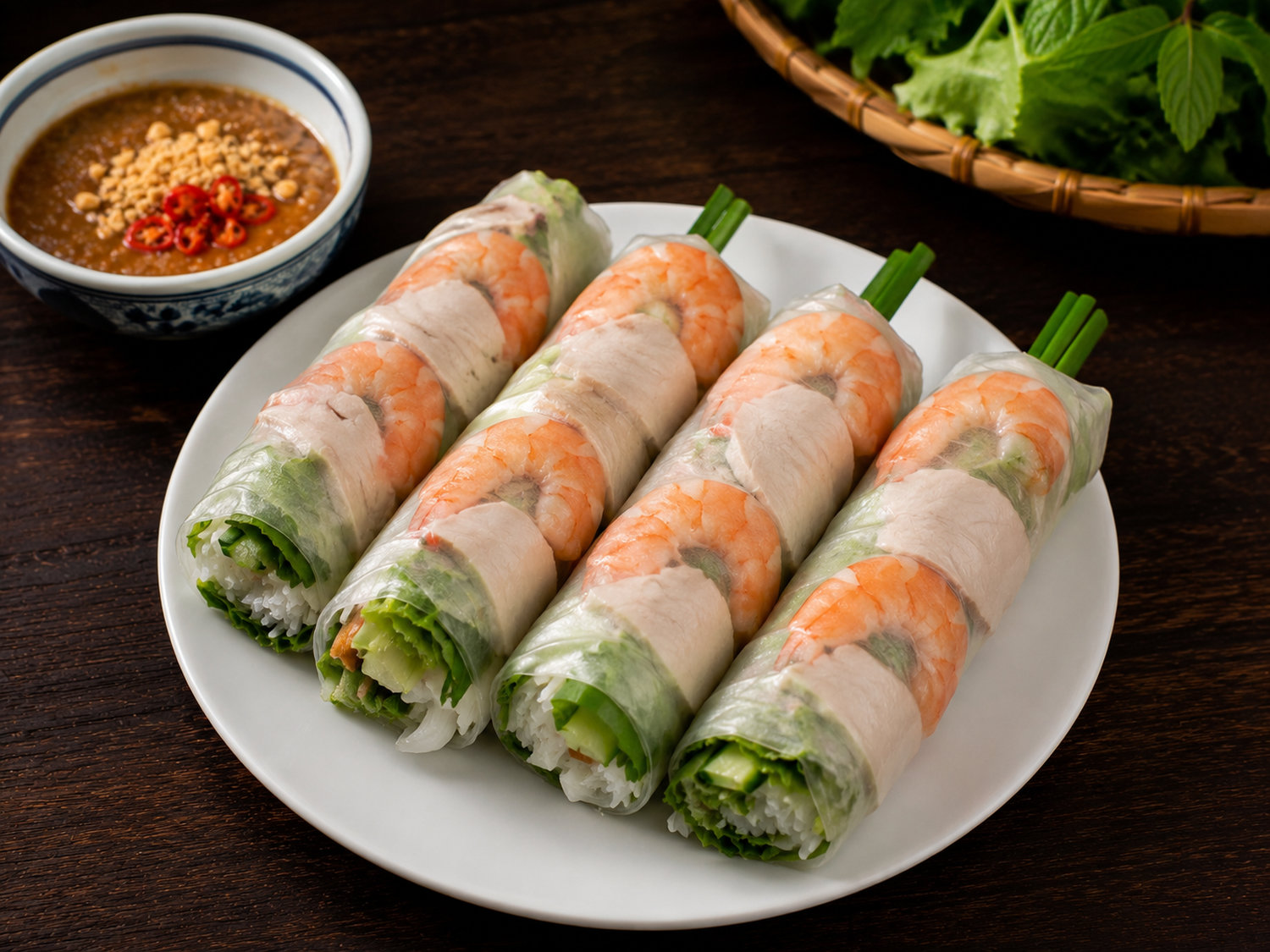 Gỏi cuốn tôm thịt thành phẩm đẹp mắt thơm ngon